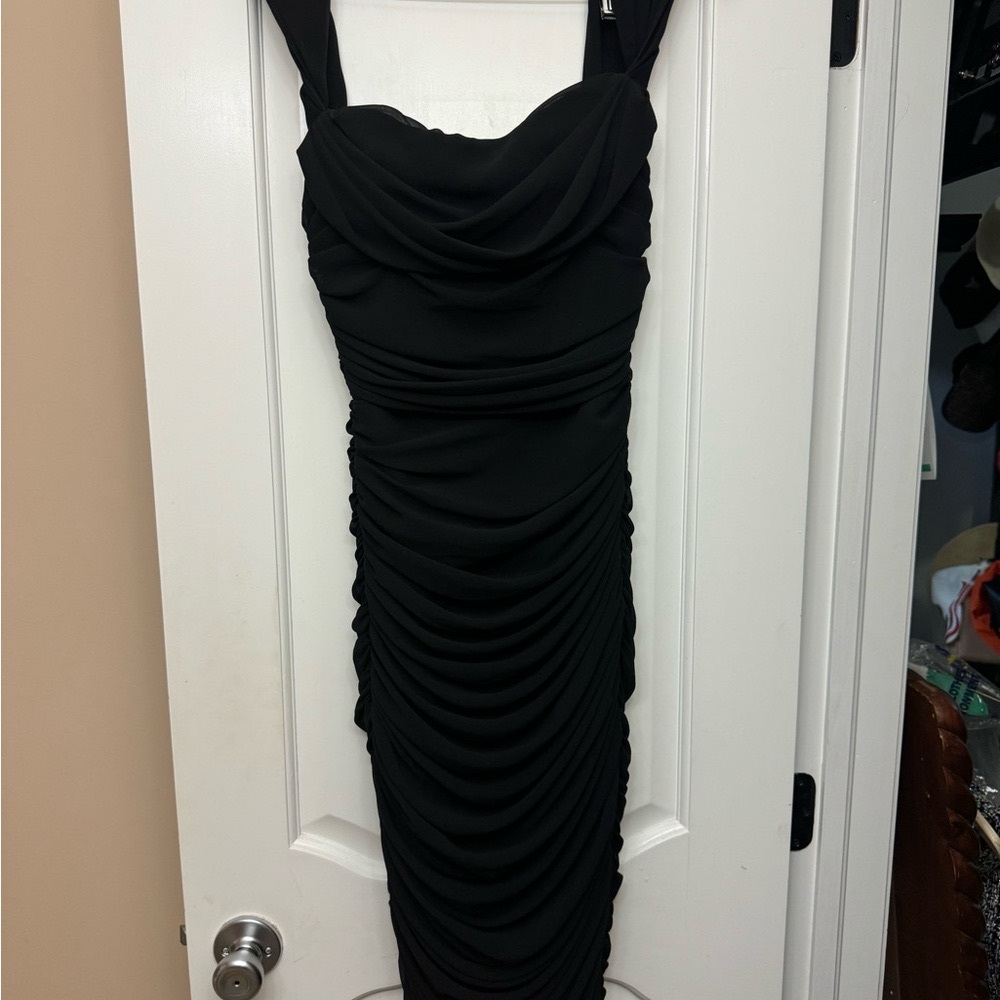 House of CB Black Ruched Midi Dress
